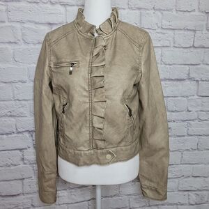 Doll House Retro  Ruffle Jacket Faux Leather  Khaki Small